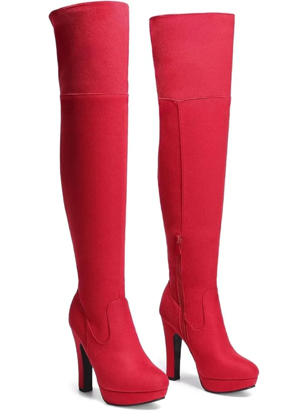 Women's Red High Heel Round Toe Faux Suede Over The Knee Thigh High Boots